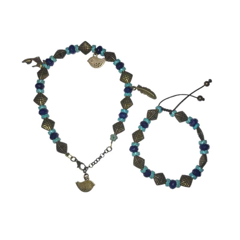 نیم ست زنانه مدل سنگ فیروزه و عقیق و برنز کد S-288