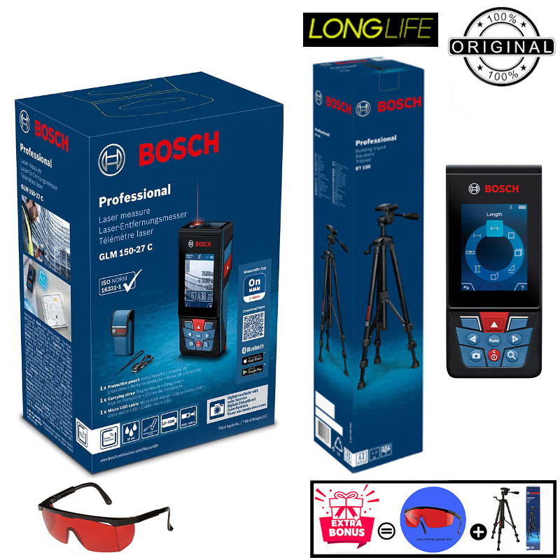 متر لیزری بوش مدل فوق حرفه ای دوربین دار GLM 150-27 C professional + BT150 + Red Glass Laser برد 150 متر