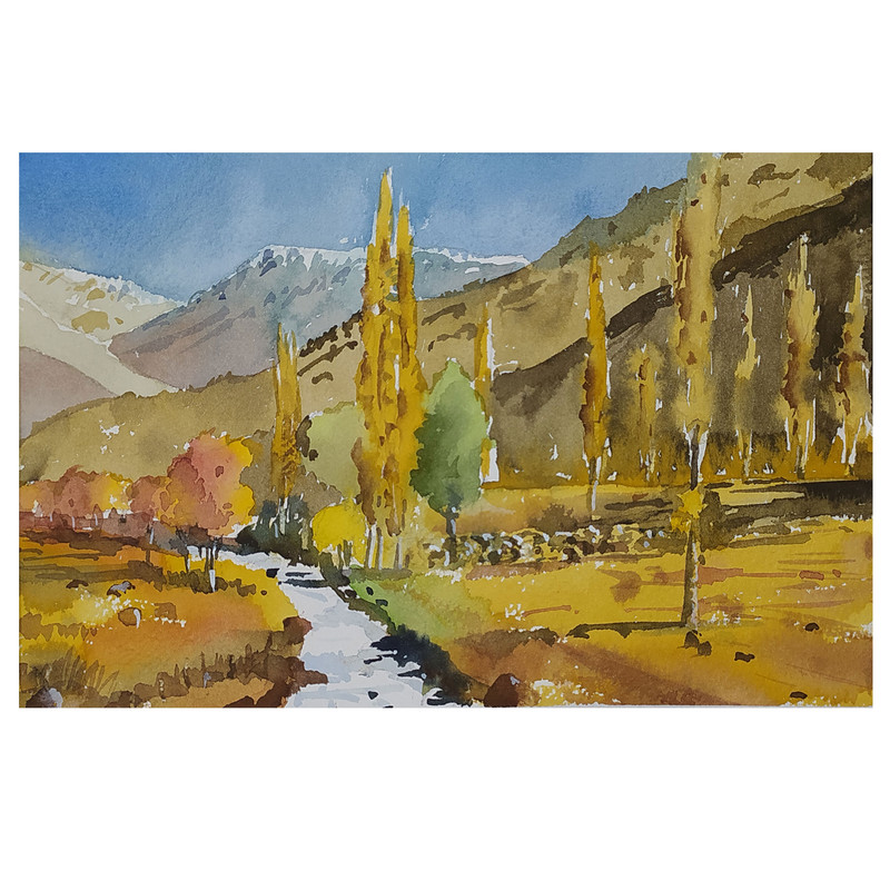 نقاشی آبرنگ طرح کوهستان پاییزی کد 13