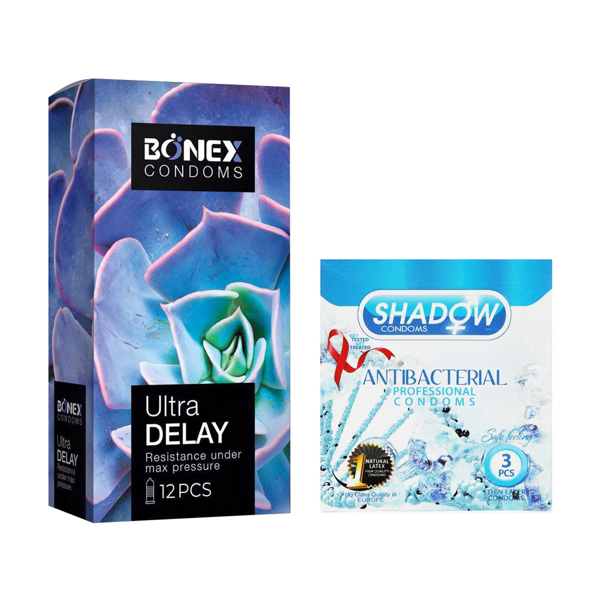 کاندوم بونکس مدل Ultra Delay بسته 12 عددی به همراه کاندوم شادو مدل Anti Bacterial بسته 3 عددی 