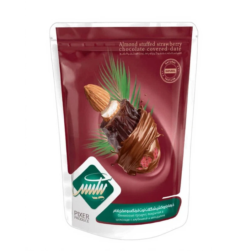 خرما با روکش شکلات توت فرنگی و مغز بادام - 250 گرم
