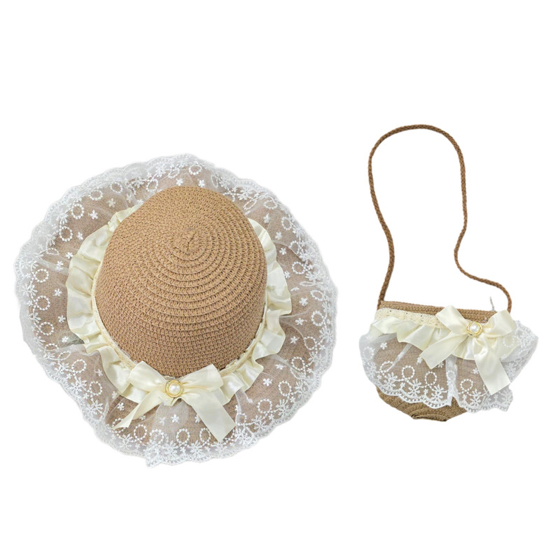 کلاه حصیری دخترانه مدل توردار به همراه کیف رودوشی