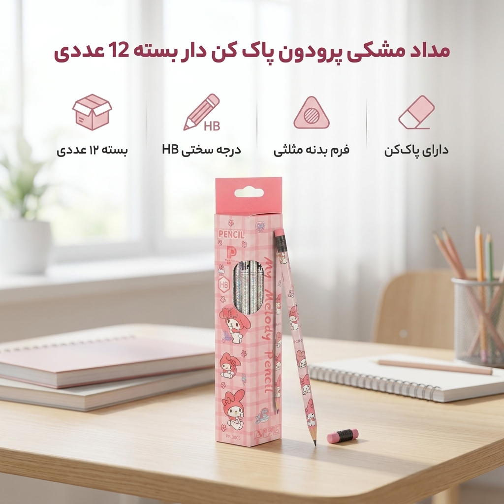 مداد مشکی پرودون با درجه سختی HB طرح ملودی بسته12 عددی