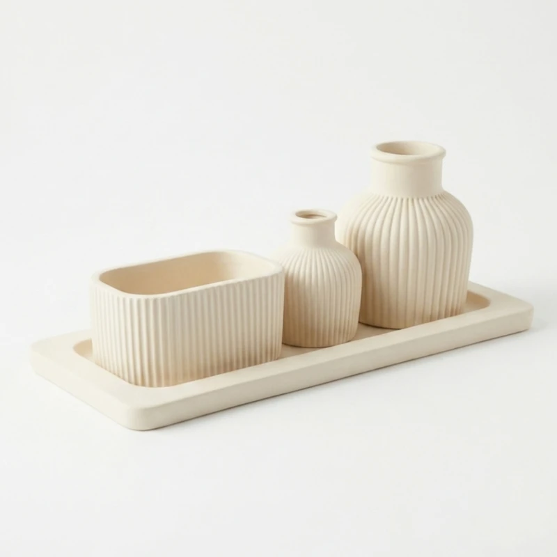 ست 4 تکه گلدان و جاشمعی بتنی مدل مراکشی طرح مستطیلی