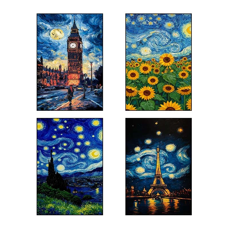 تابلو شاسي کارنيکا طرح شب پرستاره فانتزی ون‌گوگ Fantasy Starry Night Van Gogh کد 43756 مجموعه 4 عددی