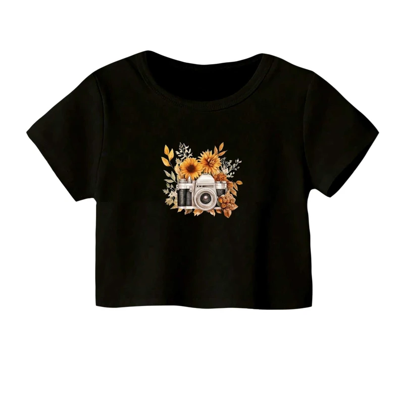 کراپ‌ تی‌شرت آستین کوتاه زنانه مدل دوربین عکاسی