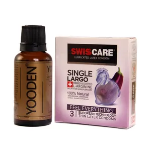 کاندوم سوئیس‌ کر مدل Single Largo بسته 3 عددی به همراه روغن یودن مدل AP 30 حجم 30 میلی لیتر