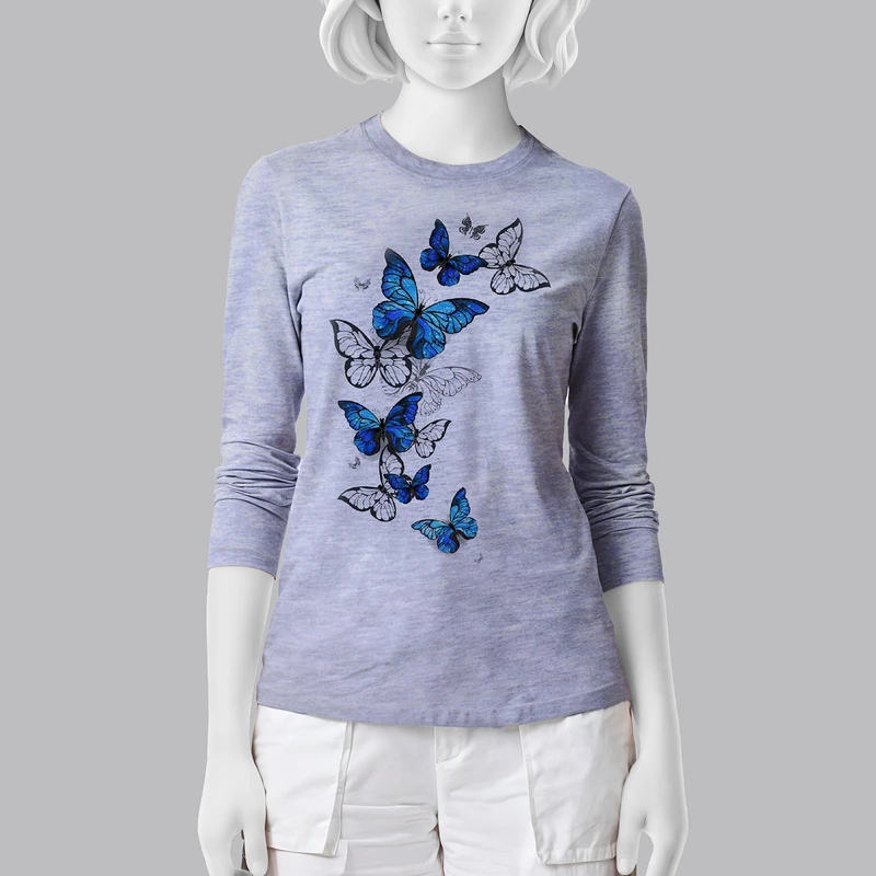 تی شرت آستین بلند زنانه مدل پروانه آبی W30