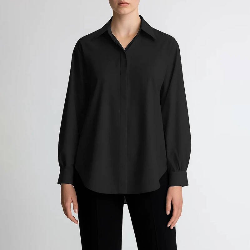 شومیز آستین بلند یقه برگردان زنانه مدل بیسیک کرپ کد AK1283 رنگ مشکی