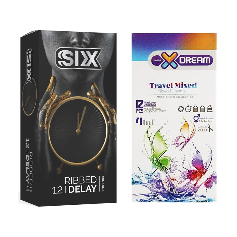 کاندوم سیکس مدل Ribbed Delay بسته 12 عددی به همراه کاندوم ایکس دریم مدل Travel Mixed بسته 12 عددی