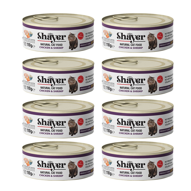 کنسرو گربه شایر مدل مرغ و میگو وزن 110 گرم بسته 8 عددی