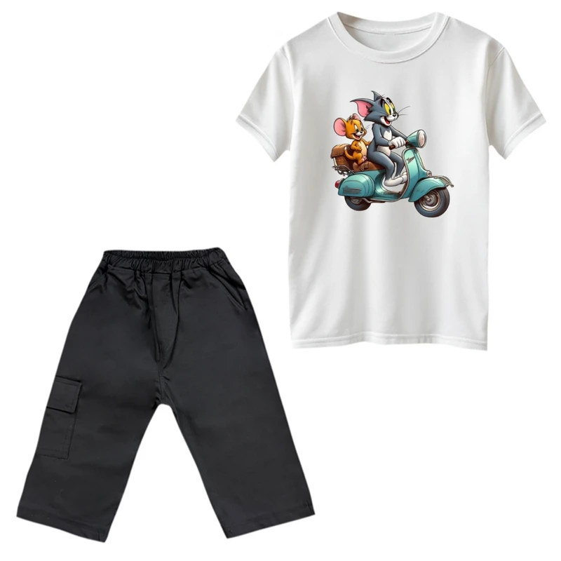 ست تی‌شرت و شلوارک پسرانه مدل تام و جری موتور رنگ سفید