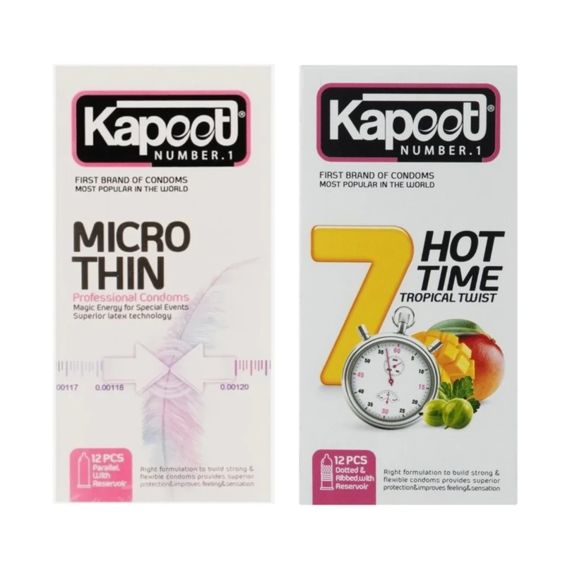 کاندوم کلاسیک کاپوت مدل MICRO THIN بسته 12 عددی به همراه کاندوم خاردار کاپوت مدل 7HOT TIME بسته 12 عددی