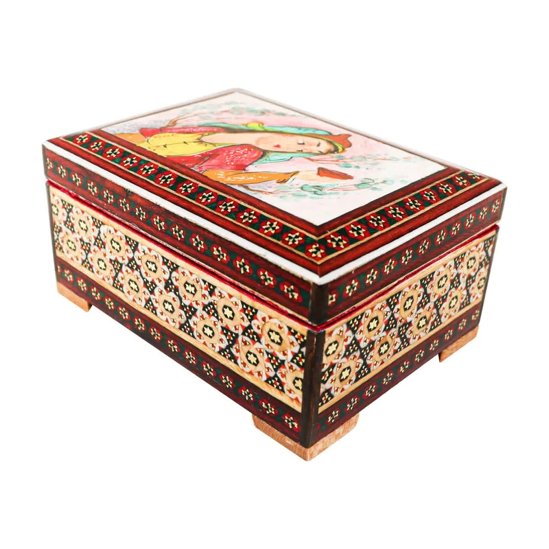 جعبه جواهرات خاتم کاری چوبی صنایع دستی فاخر طرح مستانه کد 1185