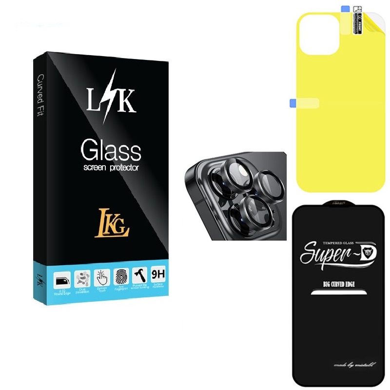محافظ صفحه نمایش ال کا جی مدل Super-D مناسب برای گوشی موبایل اپل IPhone 14 promax به همراه محافظ پشت گوشی و لنز دوربین