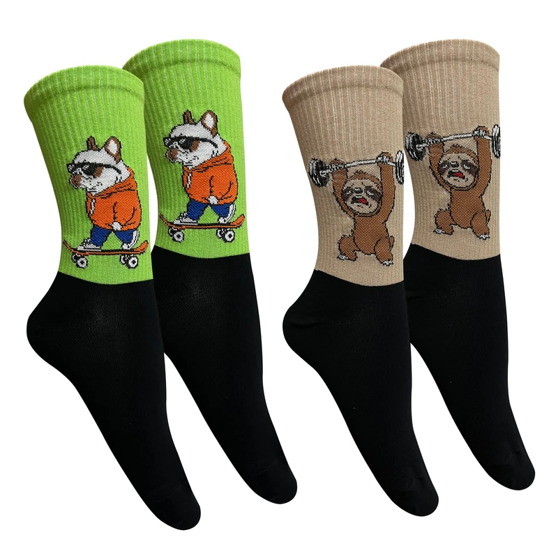 جوراب ساق بلند زنانه تن پوش هنگامه مدل پنبه کش اسپرت خوک و خرس تنبل بسته 2 عددی