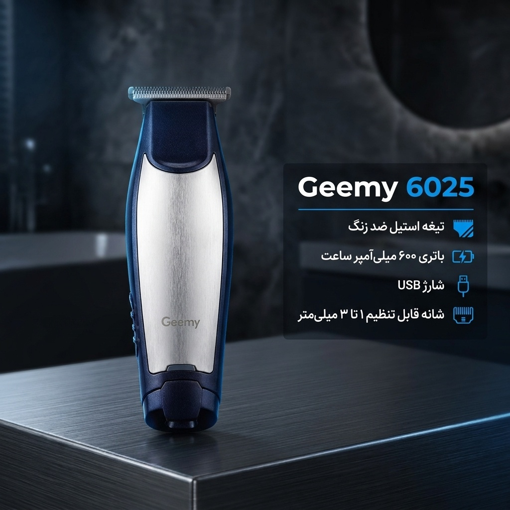 ماشین اصلاح موی سر و صورت و بدن جیمی مدل 6025 با تیغه استیل ضد زنگ، باتری 600 میلیآمپر ساعت، شارژ USB و شانه قابل تنظیم دستی 1 تا 3 میلیمتر و طراحی ارگونومیک ماشین اصلاح موی سر و صورت و بدن جیمی مدل 6025 با تیغه استیل ضد زنگ، باتری 600 میلیآمپر ساعت، شارژ USB و شانه قابل تنظیم دستی 1 تا 3 میلیمتر و طراحی ارگونومیک