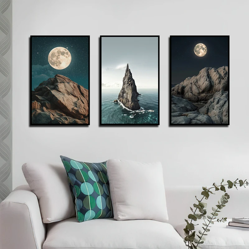تابلو بکلیت طرح دریا و صخره و ماه مدل B-3362 فریم مشکی مجموعه 3 عددی