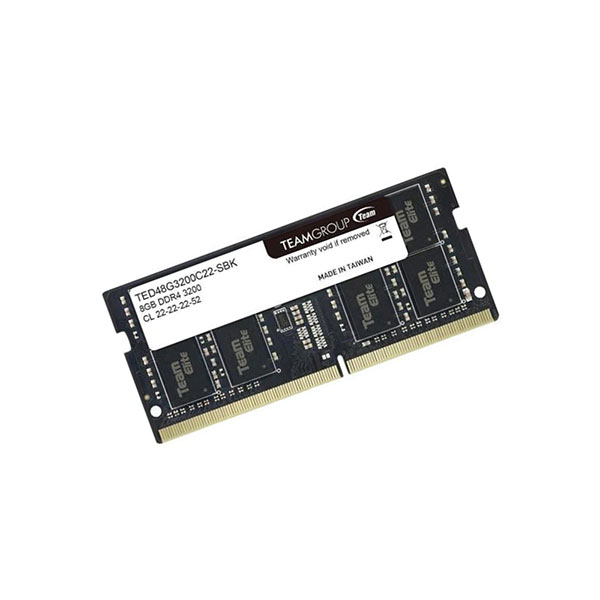 رم لپ تاپ تیم گروپ elite مدل ted4g3200c22-sbk ظرفیت 8 گیگابایت ddr4 تک کاناله فرکانس 3200 مگاهرتز تایمینگ cl22-22-22-52 ولتاژ 1.5 ولت سازگار با مادربردهای so-dimm