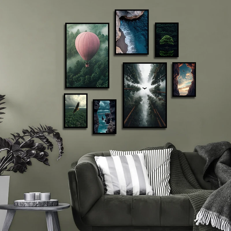 تابلو بکلیت طرح طبیعت و بالن مدل B-3209 فریم مشکی مجموعه 7 عددی