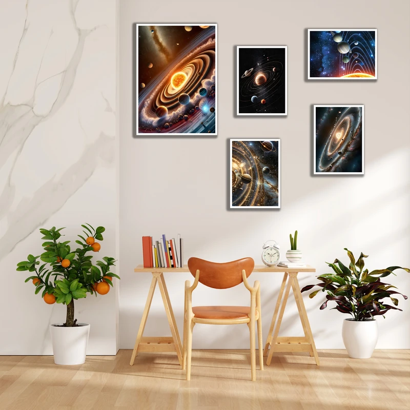 تابلو بکلیت مدل قاب شاسی طرح دکوراتیو کهکشان و منظومه شمسی کد W-MR-1066 مجموعه 5 عددی فریم سفید