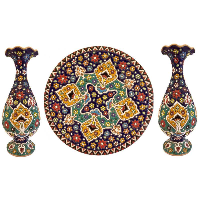 ست 3 تکه گلدان و بشقاب میناکاری کد ZMN-37