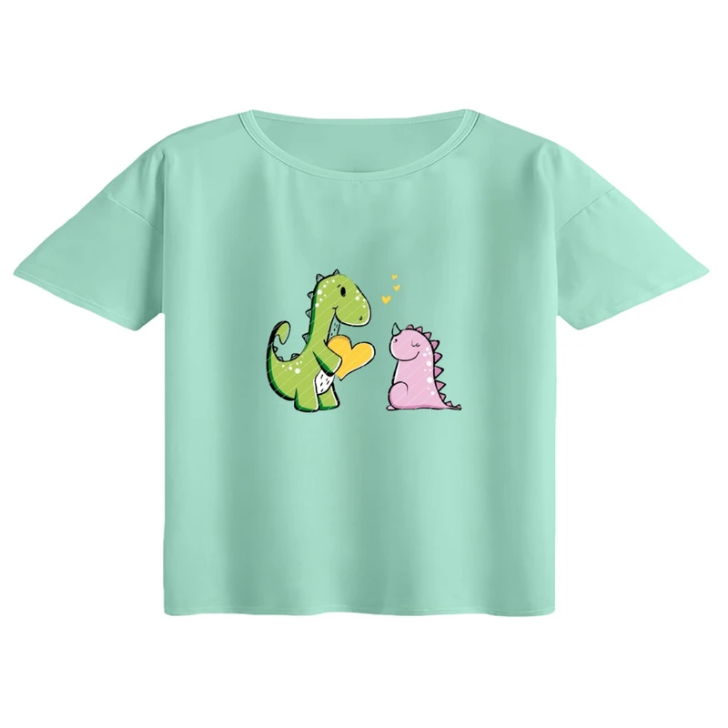 کراپ تی‌شرت آستین کوتاه زنانه مدل دایناسور کارتونی