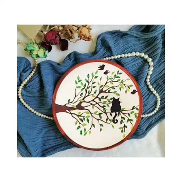 بشقاب دیوارکوب سفالی طرح گربه و درخت کد 15 مجموعه 4 عددی