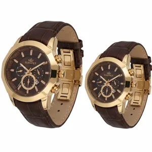 ست ساعت مچی عقربه‌ای کوارتز زنانه و مردانه الگانس مدل  تک موتوره بند چرم قفل فیکس کد 001