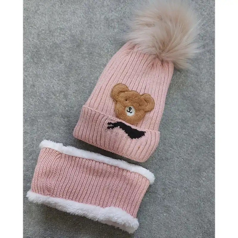 ست کلاه و شال گردن بافتنی بچگانه مدل تدی رنگ صورتی