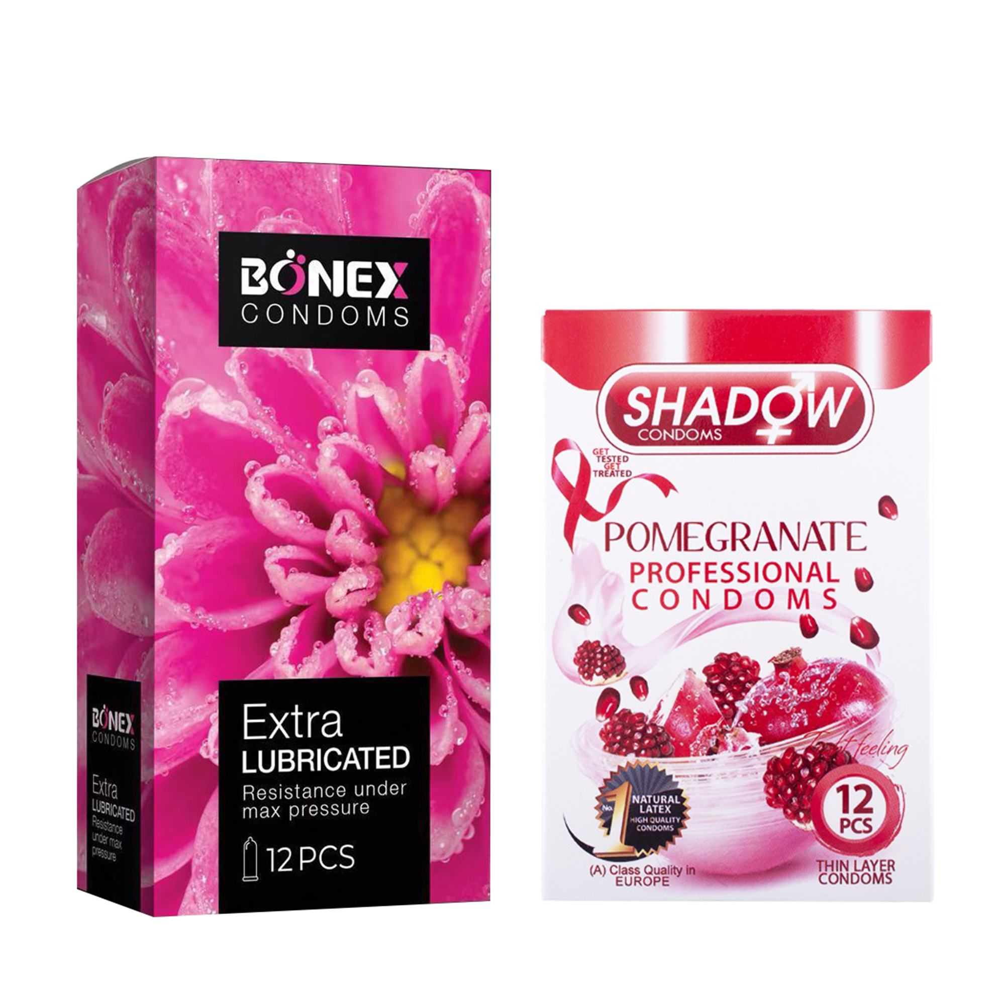 کاندوم بونکس مدل Extra Lubricated بسته 12 عددی به همراه کاندوم شادو مدل Pomegranate بسته 12 عددی