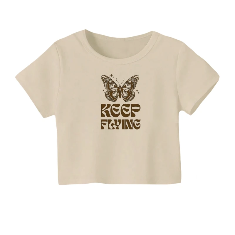 کراپ‌ تی‌شرت آستین کوتاه زنانه مدل پروانه کد 02