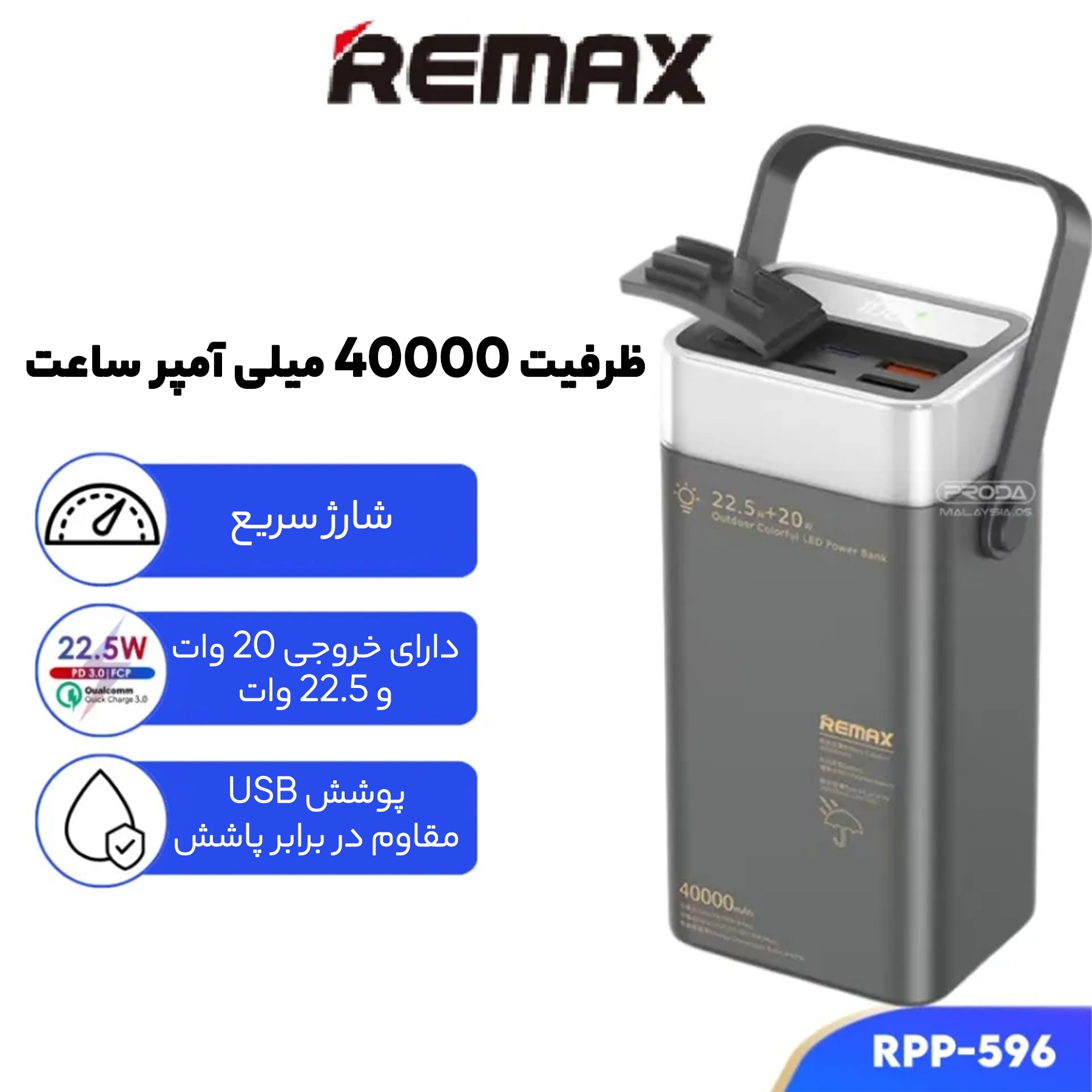 پاوربانک ریمکس مدل RPP-596 ظرفیت 40000 میلی آمپر ساعت
