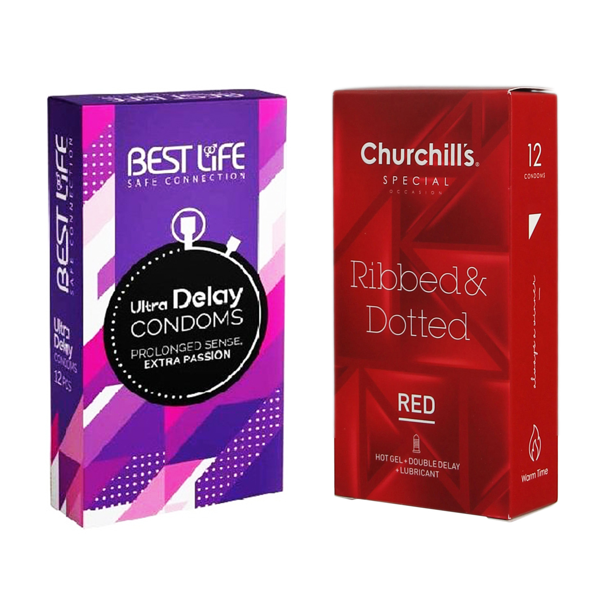 کاندوم چرچیلز مدل Ribbed & Dotted Red بسته 12 عددی به همراه کاندوم بست لایف مدل Ultra Delay بسته 12 عددی