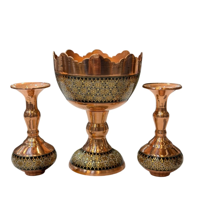 ست 3 تکه گلدان و سنگاب خاتم کاری مسی مدل شیشی کد s2