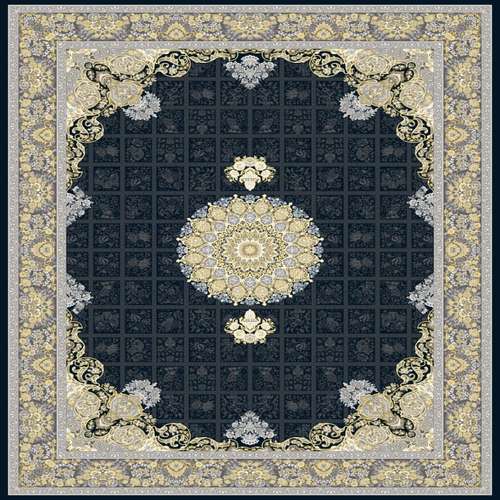 فرش ماشینی 700 شانه زمینه مشکی حاشیه طوسی مدل شاران