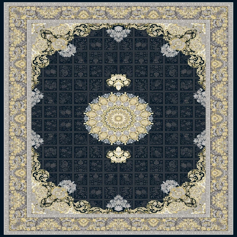 فرش ماشینی 700 شانه زمینه مشکی حاشیه طوسی مدل شاران