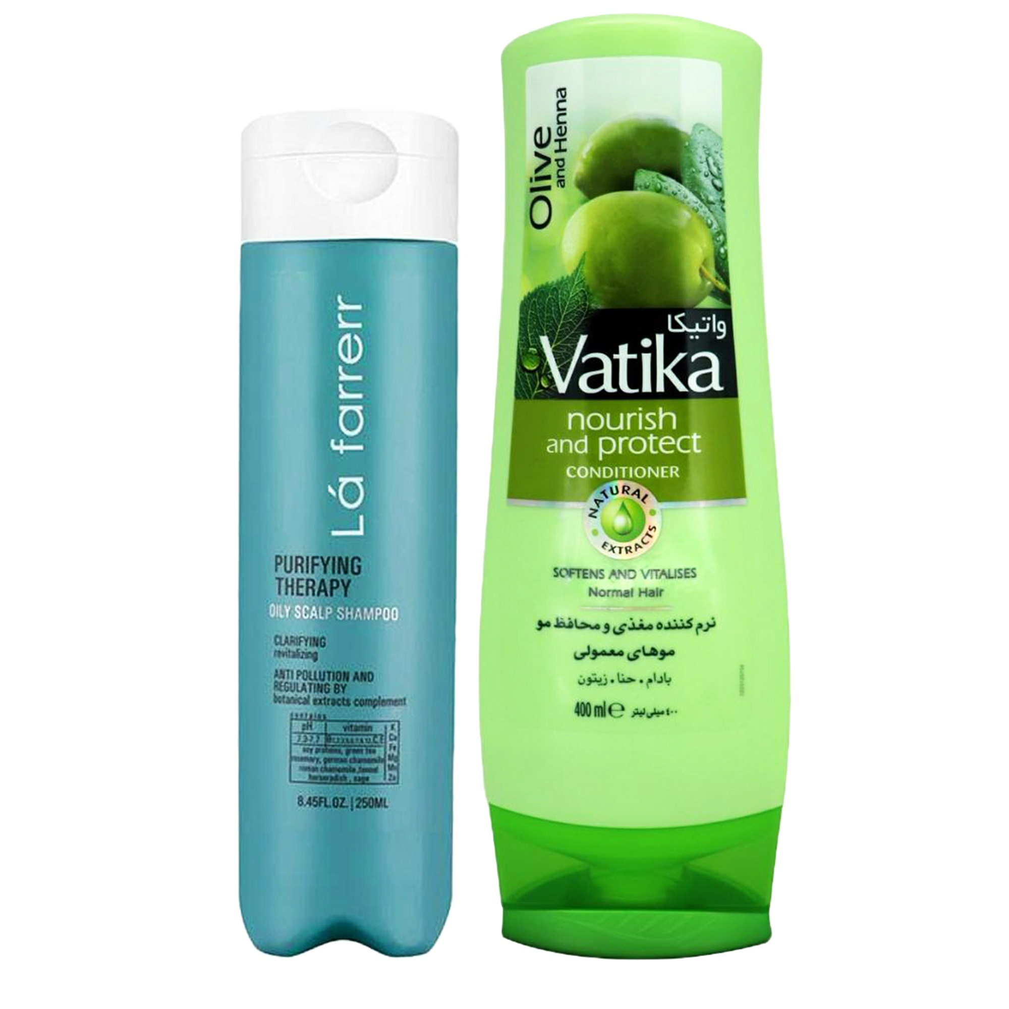 نرم کننده مو واتیکا مدل Olive and Henna حجم 400 میلی لیتر به همراه شامپو کنترل کننده چربی مو لافارر مدل Purifying Therapy حجم 250 میلی لیتر