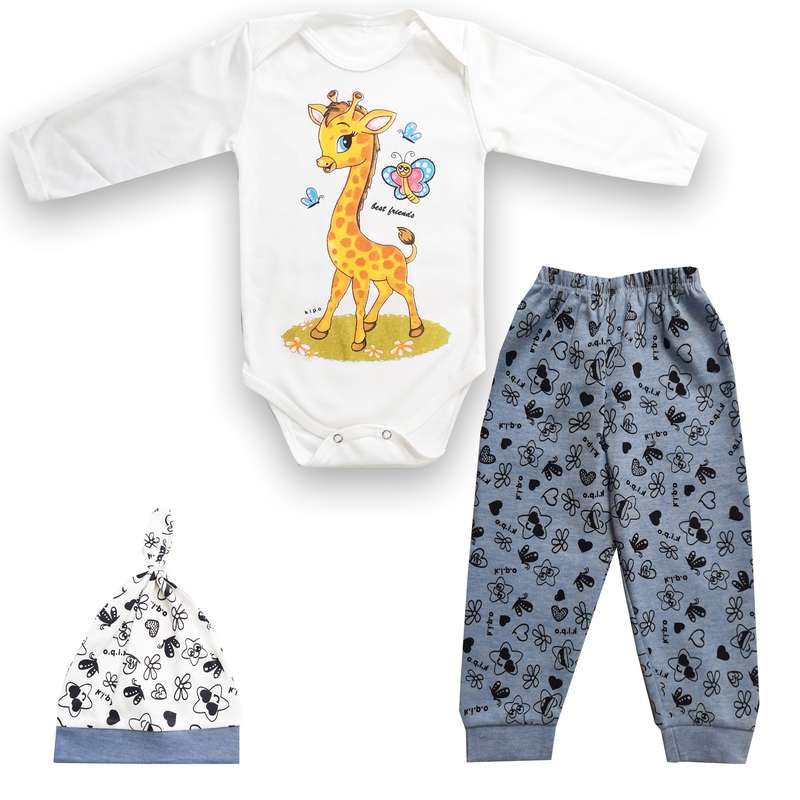 ست 3 تکه لباس نوزادی مدل زرافه رنگ آبی