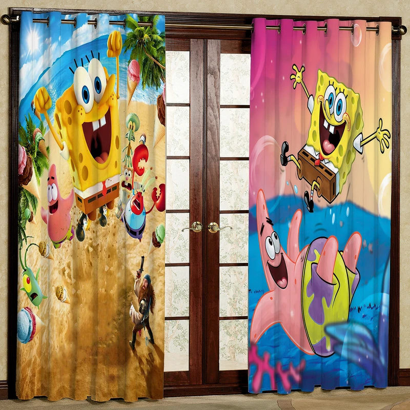 پرده مدل کارتون باب اسفنجی مخمل پانچی کد 1179L سایز 140x280 سانتی متر