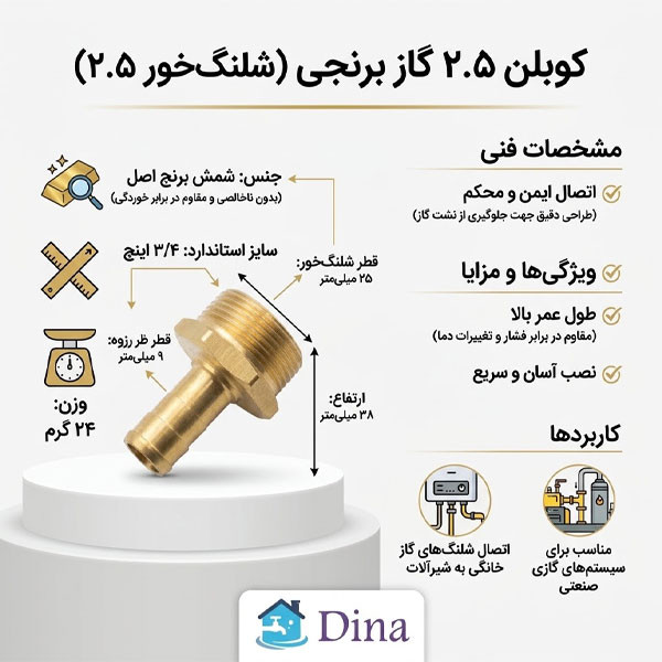 سرشیر گاز کوپلینگ دینا مدل برنجی سایز 3/4 اینچ بسه 4 عددی