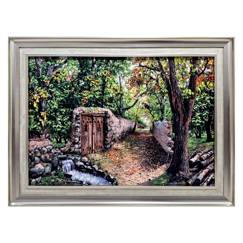 تابلو فرش ماشینی مدل کوچه باغ روستایی کد ۴۰۰۲