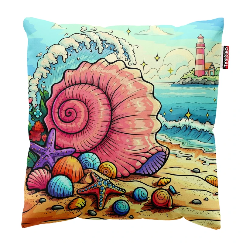 کوسن پاد آفرین مدل دریا طرح ساحل کشتی صدف کد PK402410 سایز 40*40 سانتی متر