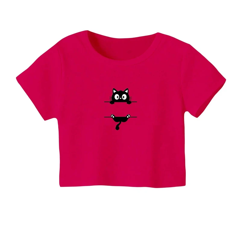 کراپ‌ تی‌شرت آستین کوتاه زنانه مدل گربه آویزان