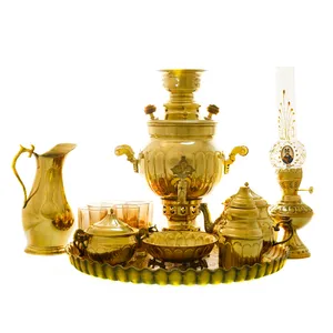 سرویس سماور ذغالی 14 پارچه برنجی مدل توپی ترک دار کد 4353