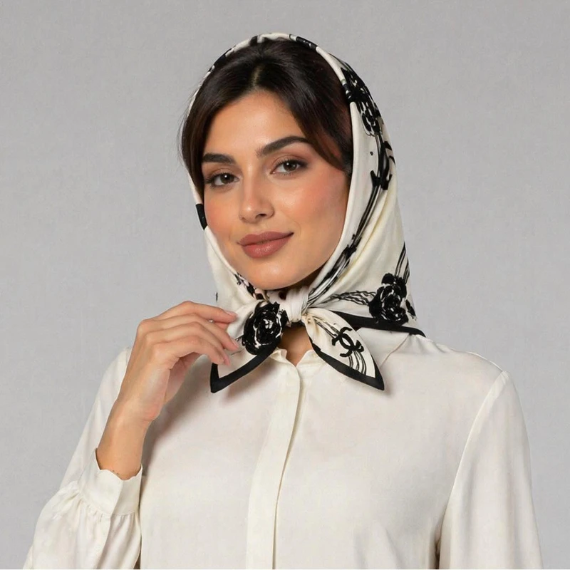 مینی اسکارف الیاف نخی زنانه مدل گلدار MI5 با طول و عرض 70*70 سانتی‌متر