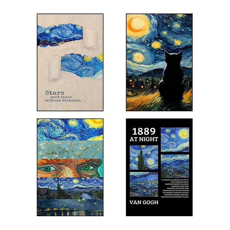 تابلو شاسي کارنيکا طرح شب پرستاره فانتزی ون‌گوگ Fantasy Starry Night Van Gogh کد 39735 مجموعه 4 عددی