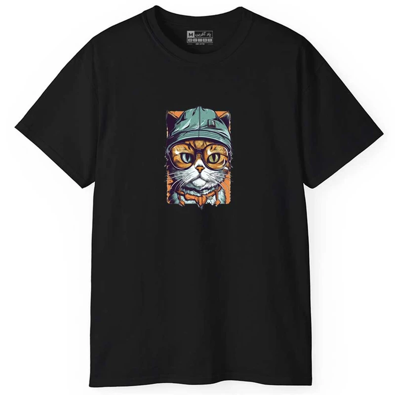تی شرت آستین کوتاه مردانه پاد آفرین مدل اسپرت طرح گربه باحال کد 0769