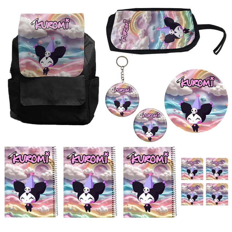 بسته لوازم تحریر مدل  کوله پشتی طرح کرومی مدل kuromi کد 002 به همراه دفتر مشق و جامدادی و زیر لیوانی و جاکلیدی مجموعه 12 عددی