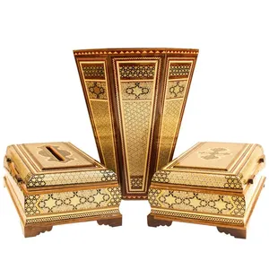 ست سه تکه سطل و جعبه دستمال و جای کارد و چنگال خاتم کاری مدل توپی کد 01 W